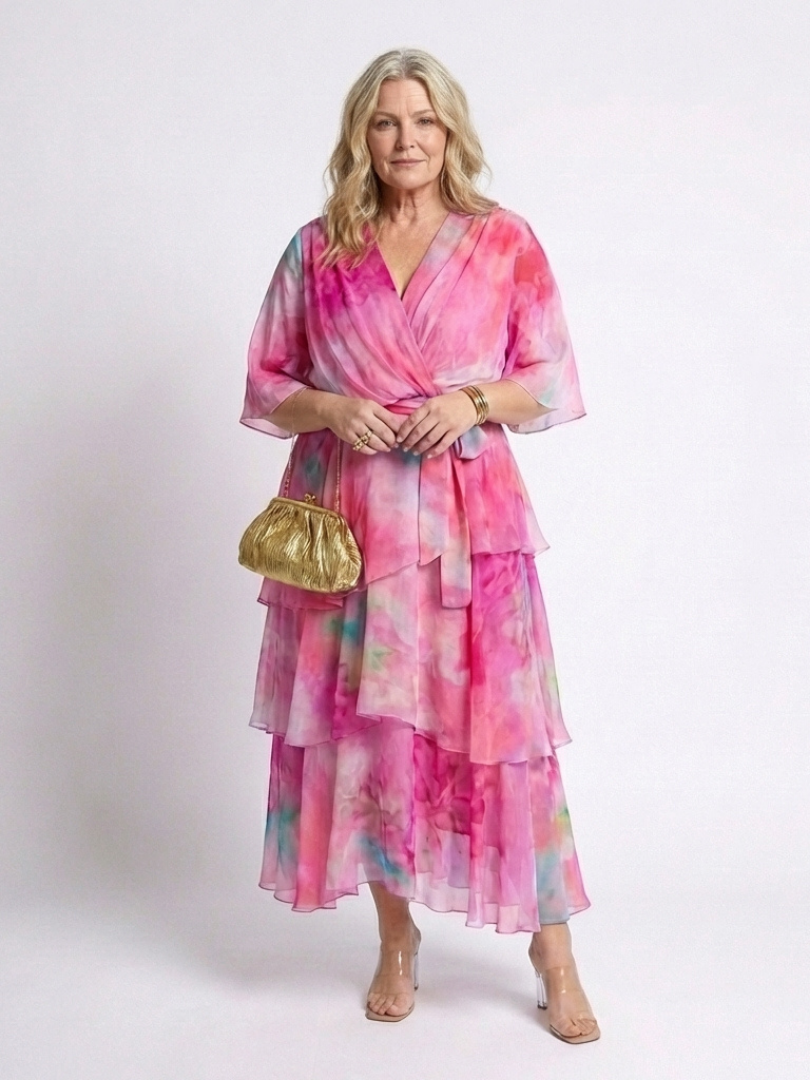 Calista | Maxikleid mit V-Ausschnitt, transparenten Lagen und Taillenband