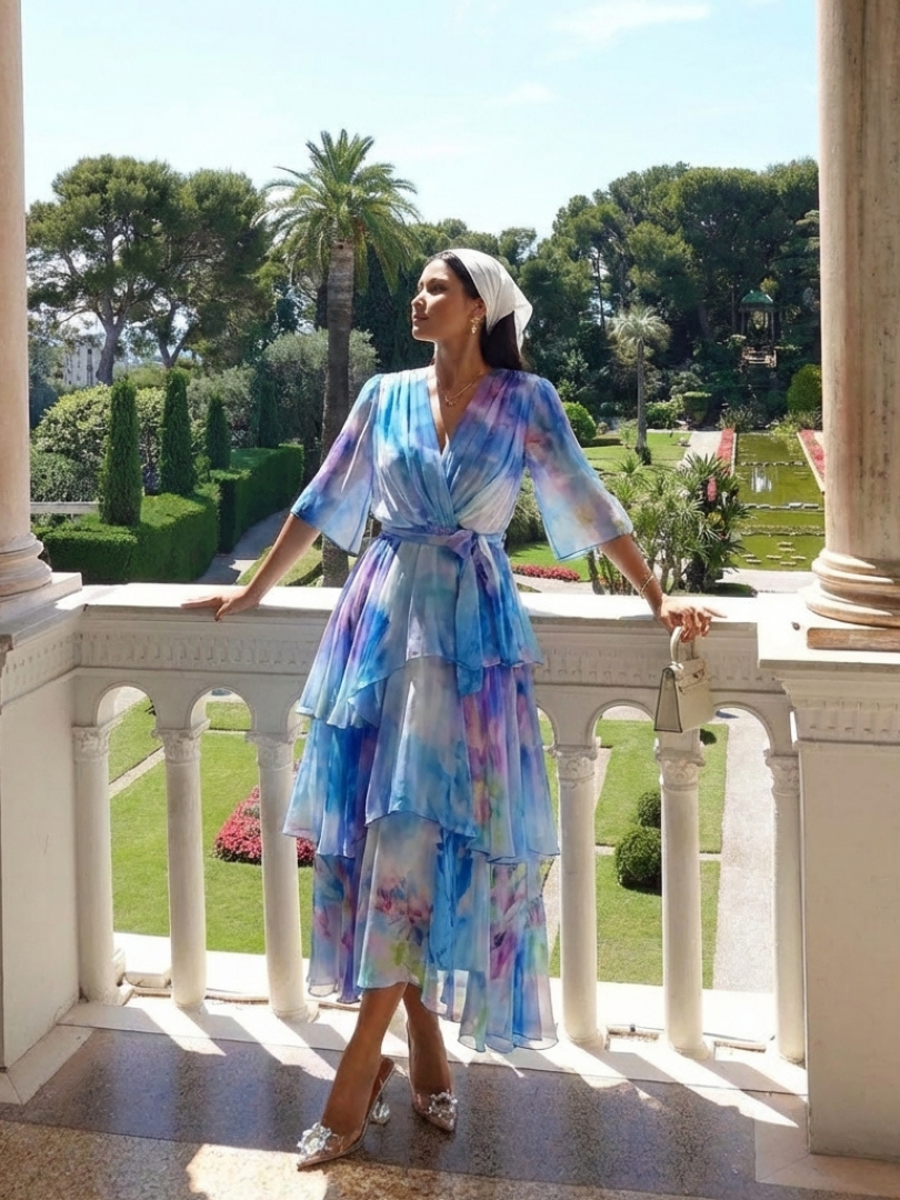 Calista | Maxikleid mit V-Ausschnitt, transparenten Lagen und Taillenband