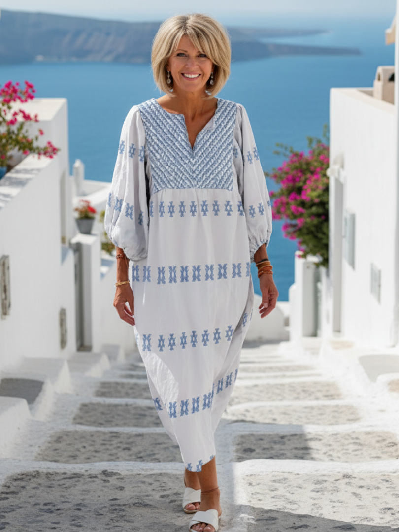 Evadne | V-Ausschnitt, Langarm, besticktes Maxikleid