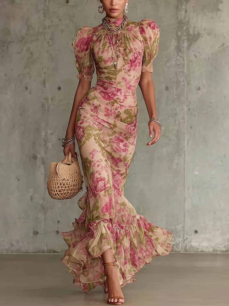 Jill | Vintage Rose Maxikleid mit Puffärmeln
