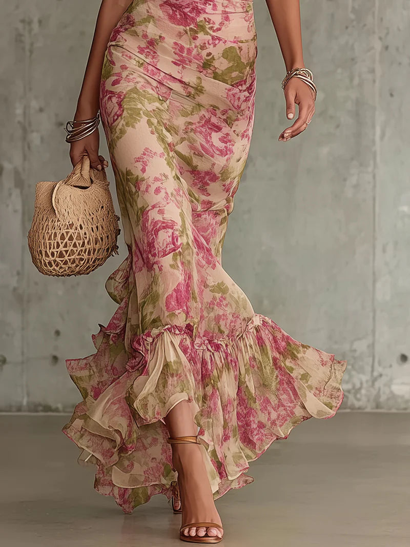 Jill | Vintage Rose Maxikleid mit Puffärmeln