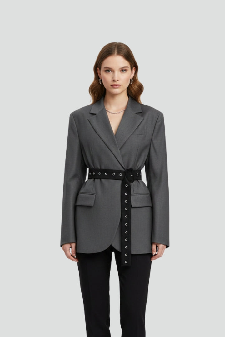 Damenblazer mit gekerbtem Revers und verstellbarem Gürteldetail