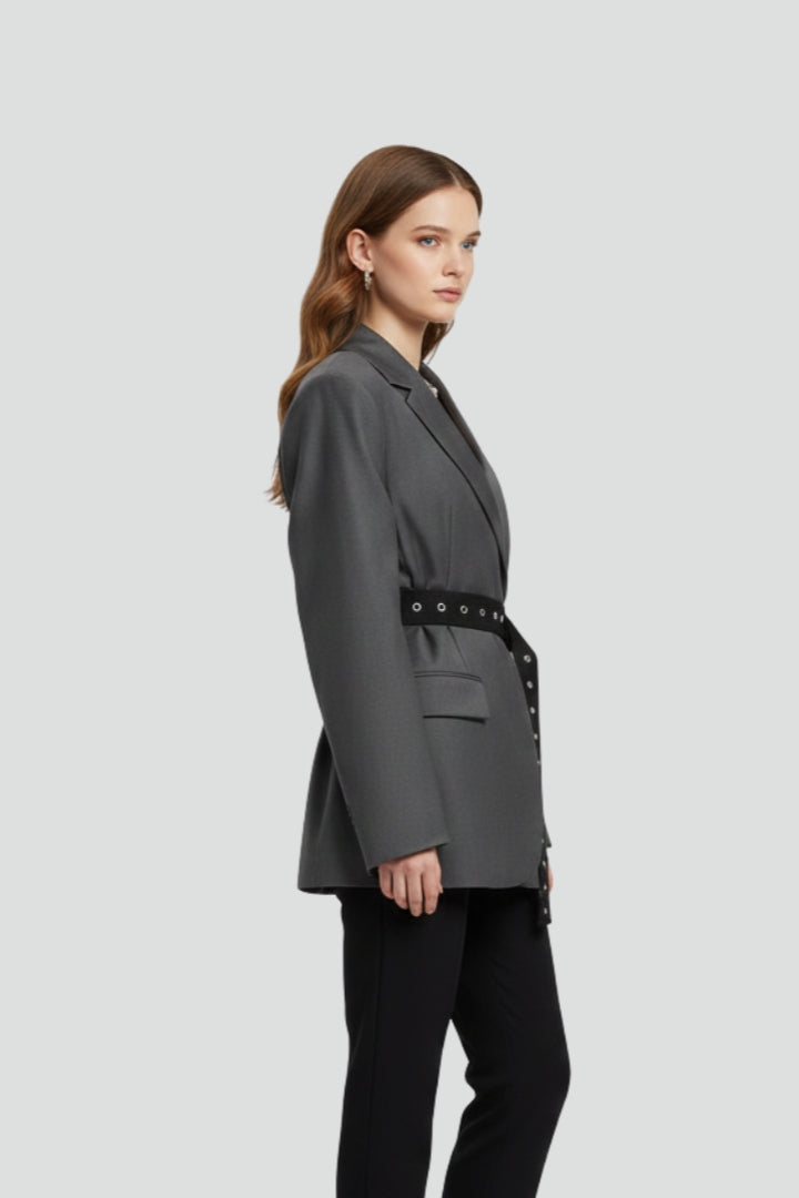 Damenblazer mit gekerbtem Revers und verstellbarem Gürteldetail