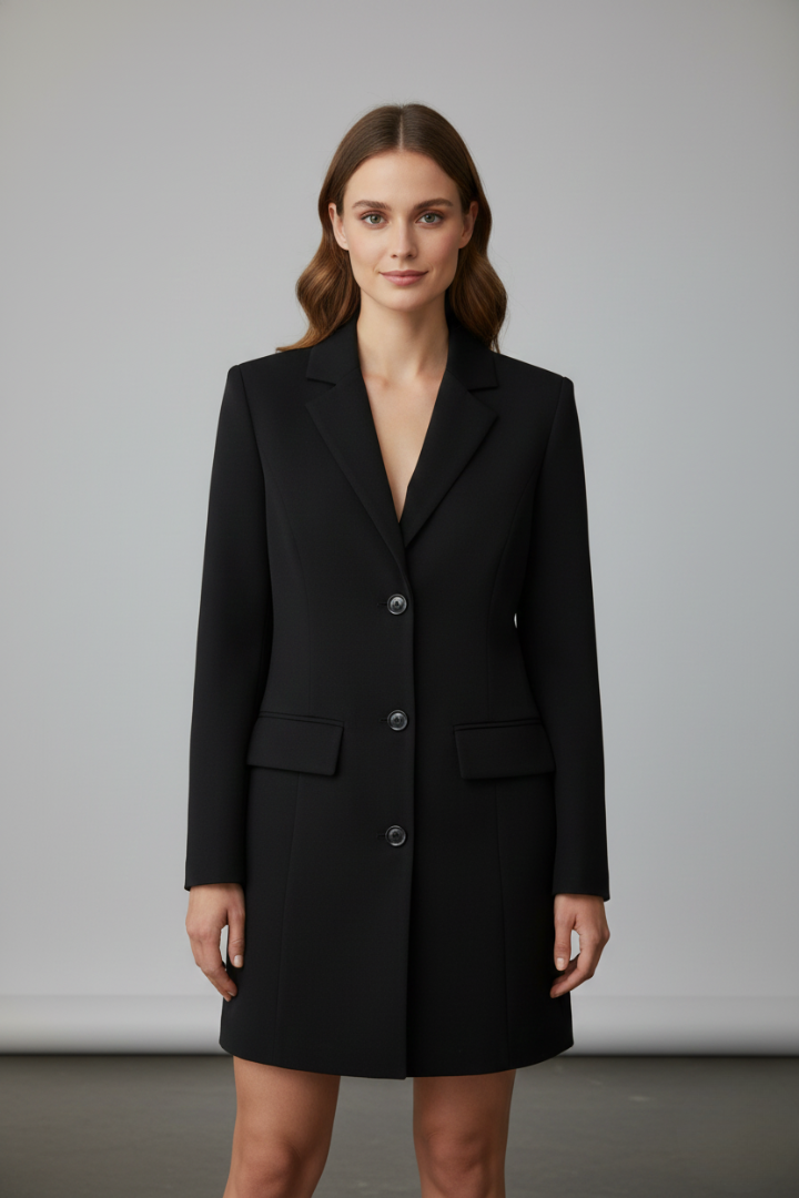 Longline-Blazer für Damen mit gekerbtem Revers und Frontknöpfen
