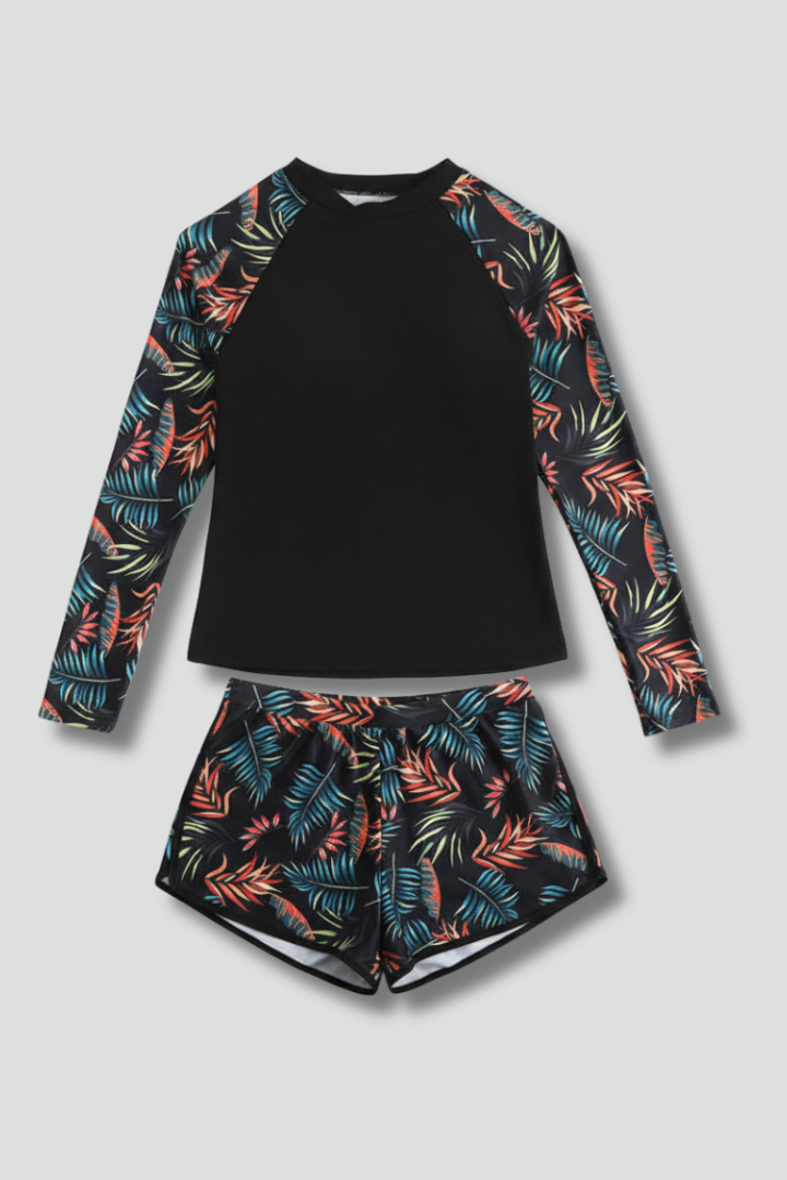 Tankini-Badeanzug für Damen mit langen Ärmeln und bedruckten Shorts