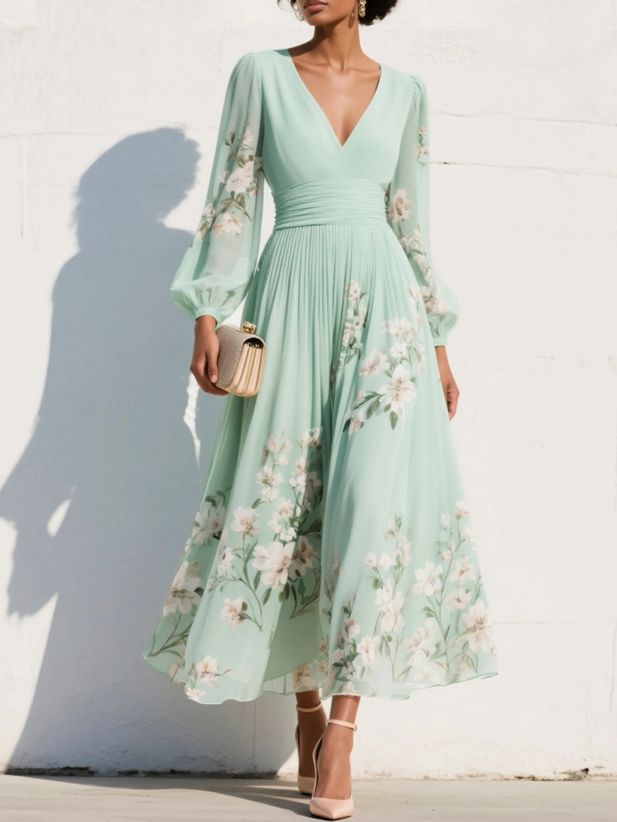 Mathilda – Hellgrünes Chiffon-Midi-Kleid mit V-Ausschnitt und Faltenmuster