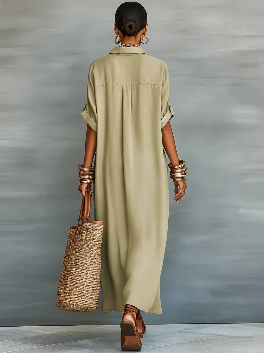 Manelle | Langes olivgrünes Kleid mit minimalistischen Linien