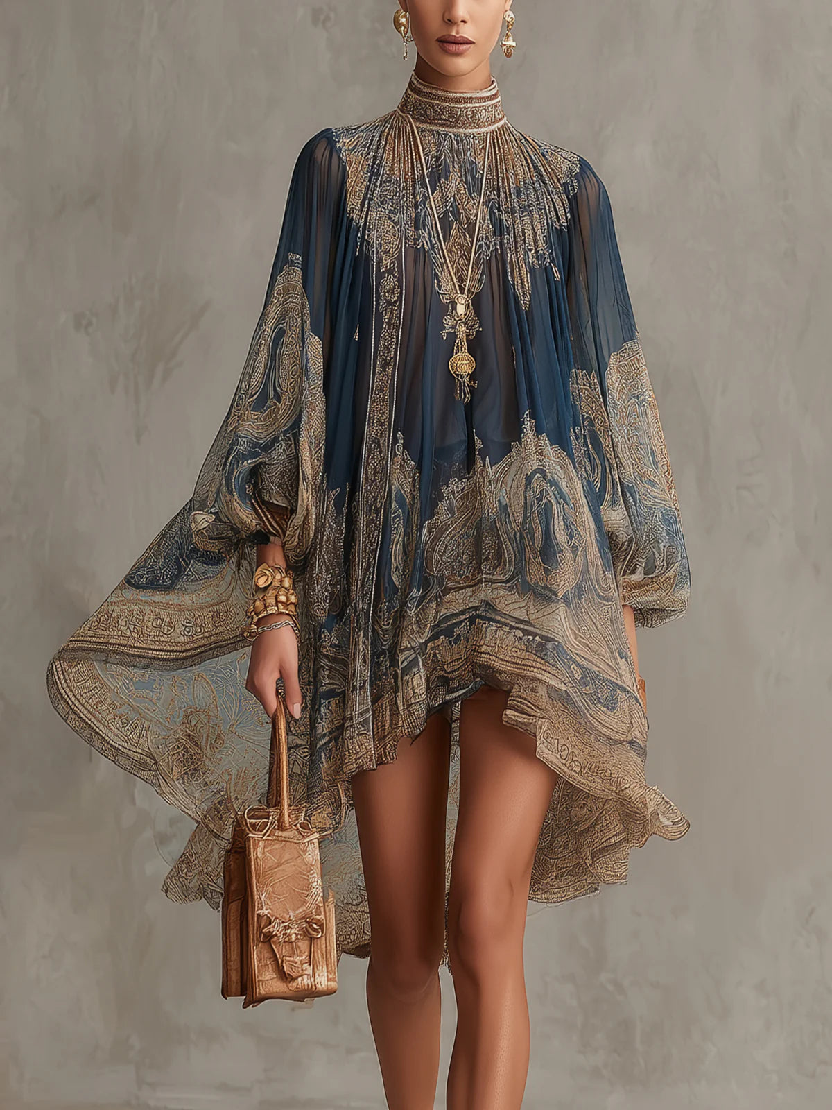 Marianna | Minikleid aus nachtblauem Chiffon mit goldenem Barockmuster