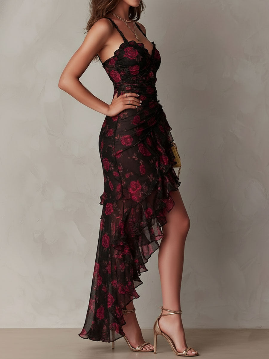Scarlett | Schwarz-rotes geblümtes Rüschenkleid