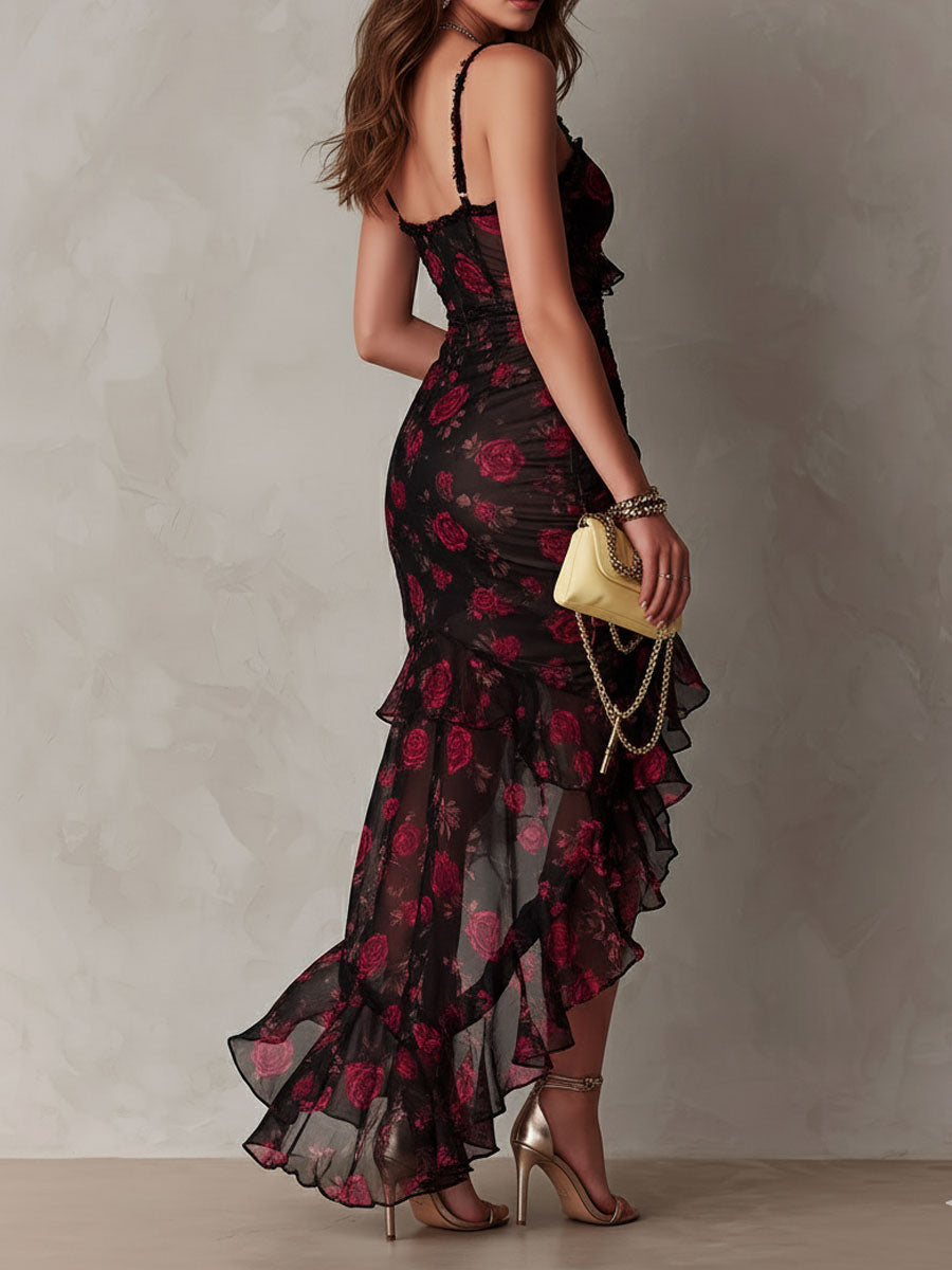 Scarlett | Schwarz-rotes geblümtes Rüschenkleid