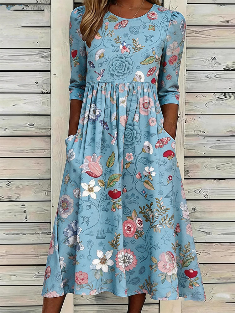 Damen Retro Blumenmuster Bedrucktes Freizeitkleid