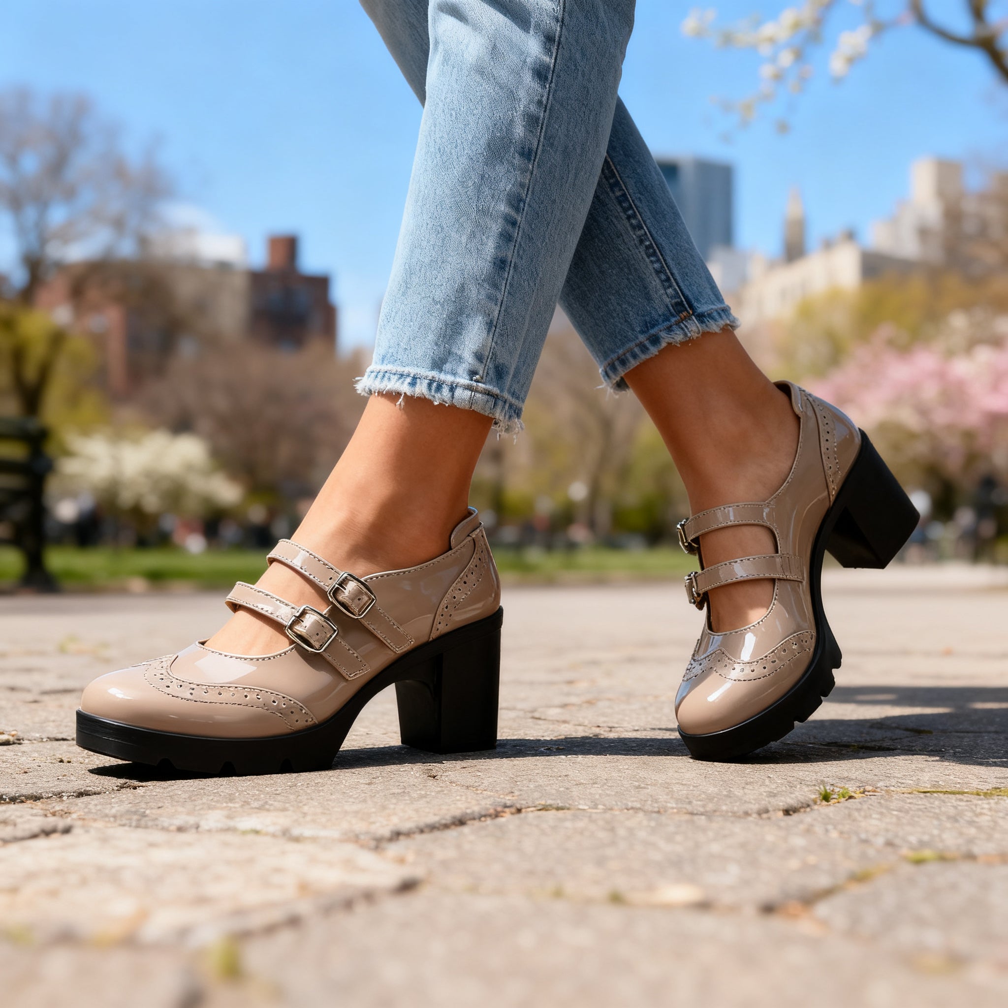 Brexley | Damen Plateau Mary Jane mit doppelten Riemen