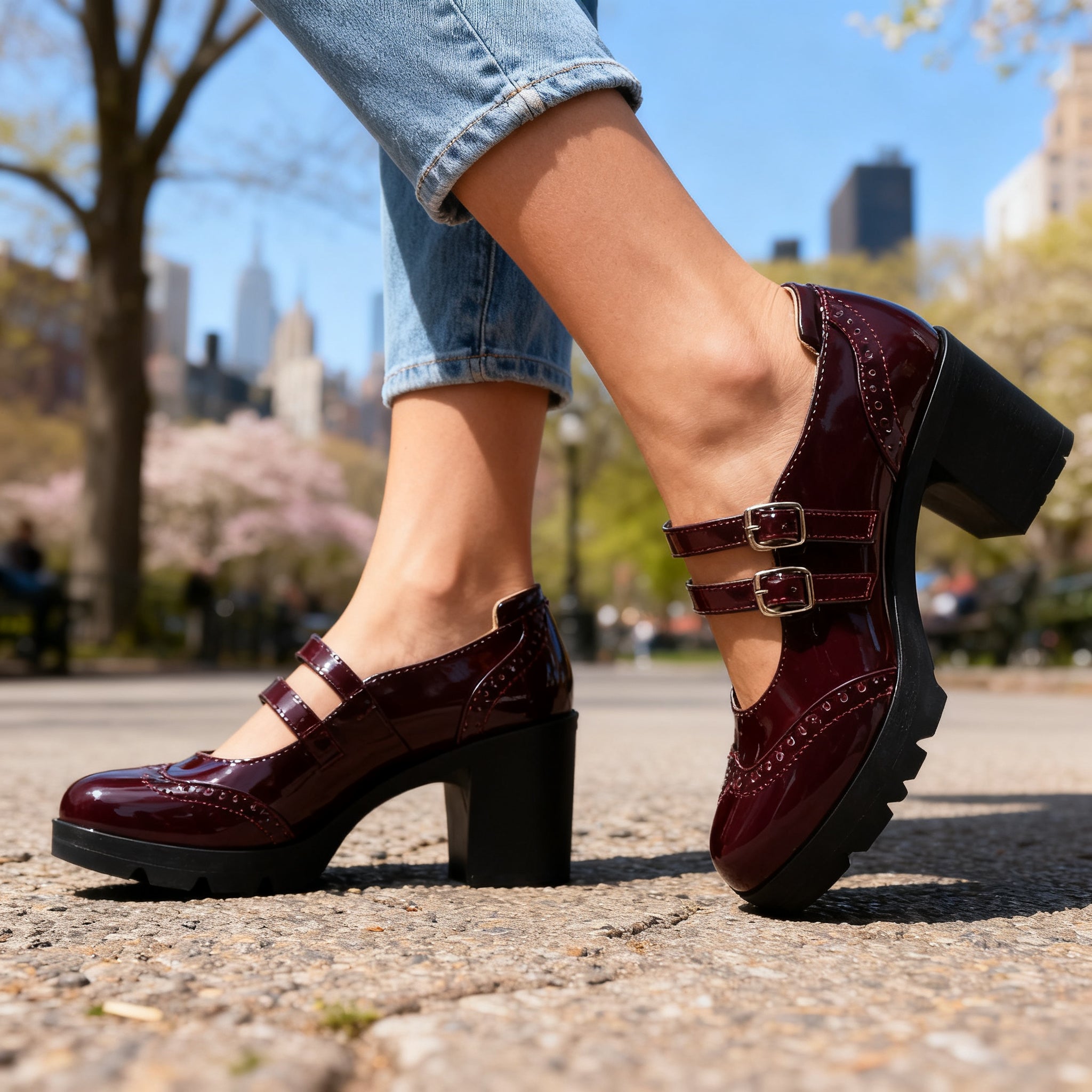 Brexley | Damen Plateau Mary Jane mit doppelten Riemen