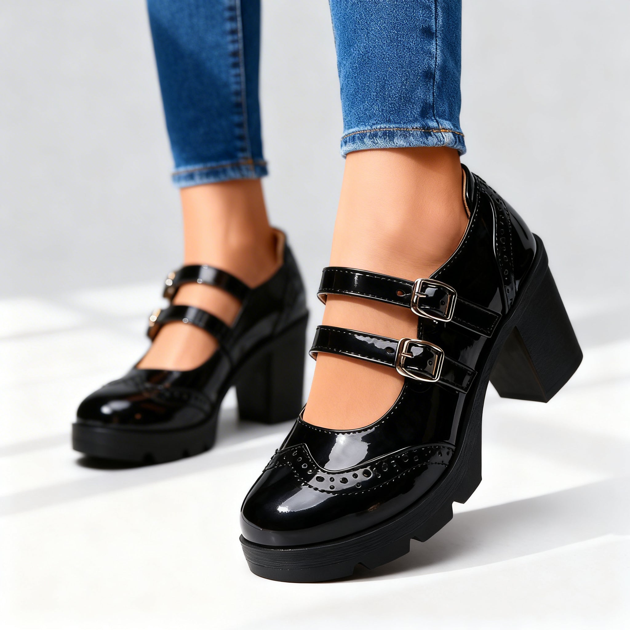 Brexley | Damen Plateau Mary Jane mit doppelten Riemen