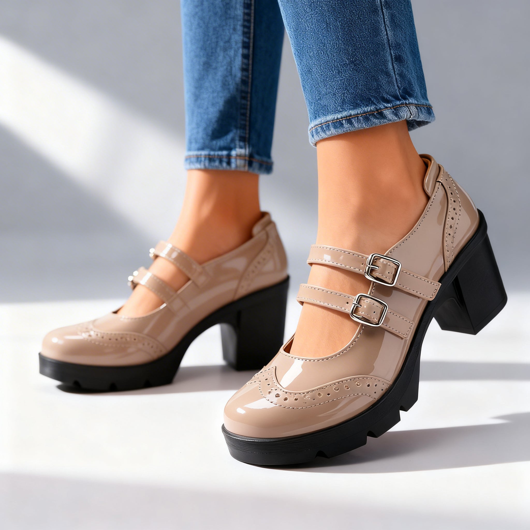 Brexley | Damen Plateau Mary Jane mit doppelten Riemen