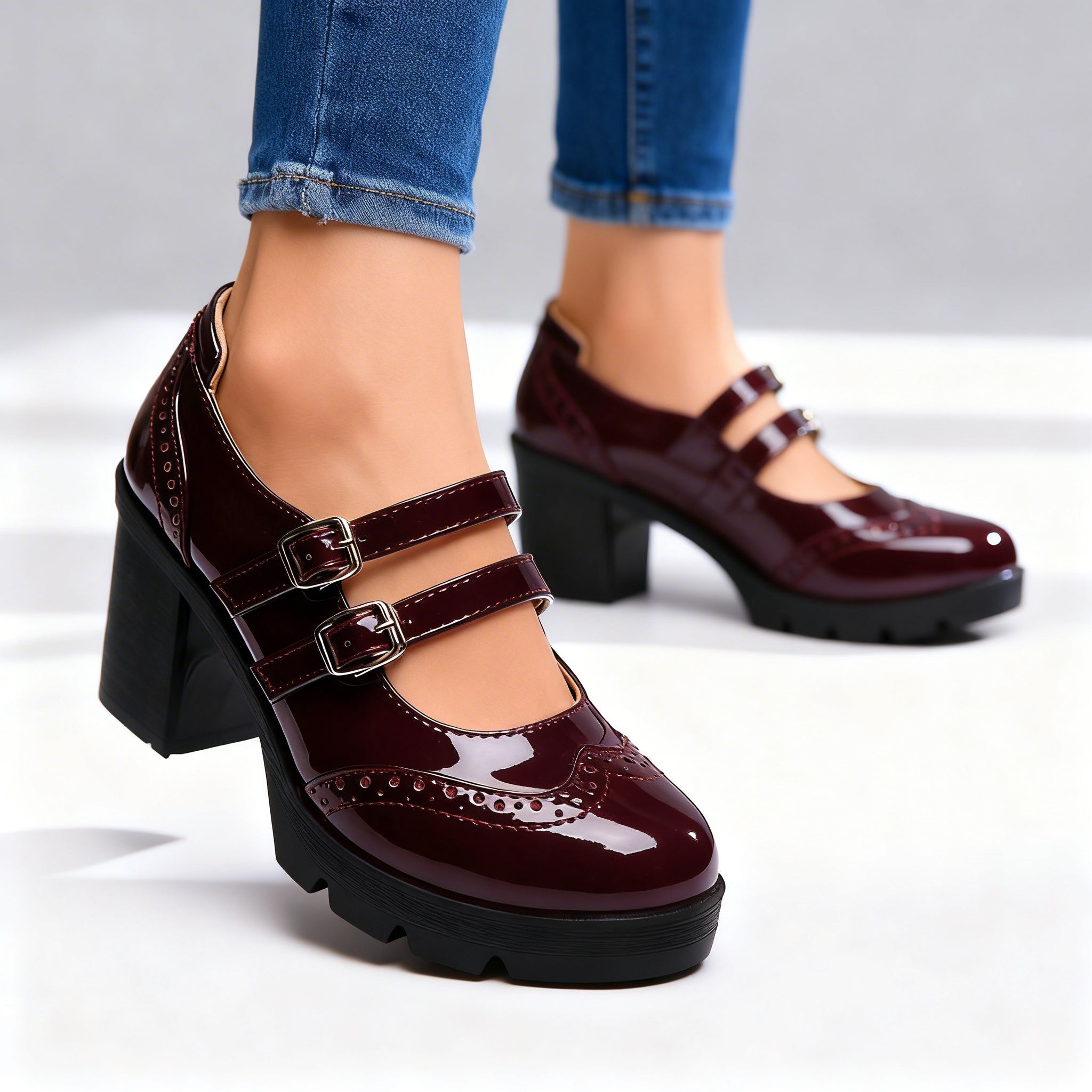 Brexley | Damen Plateau Mary Jane mit doppelten Riemen