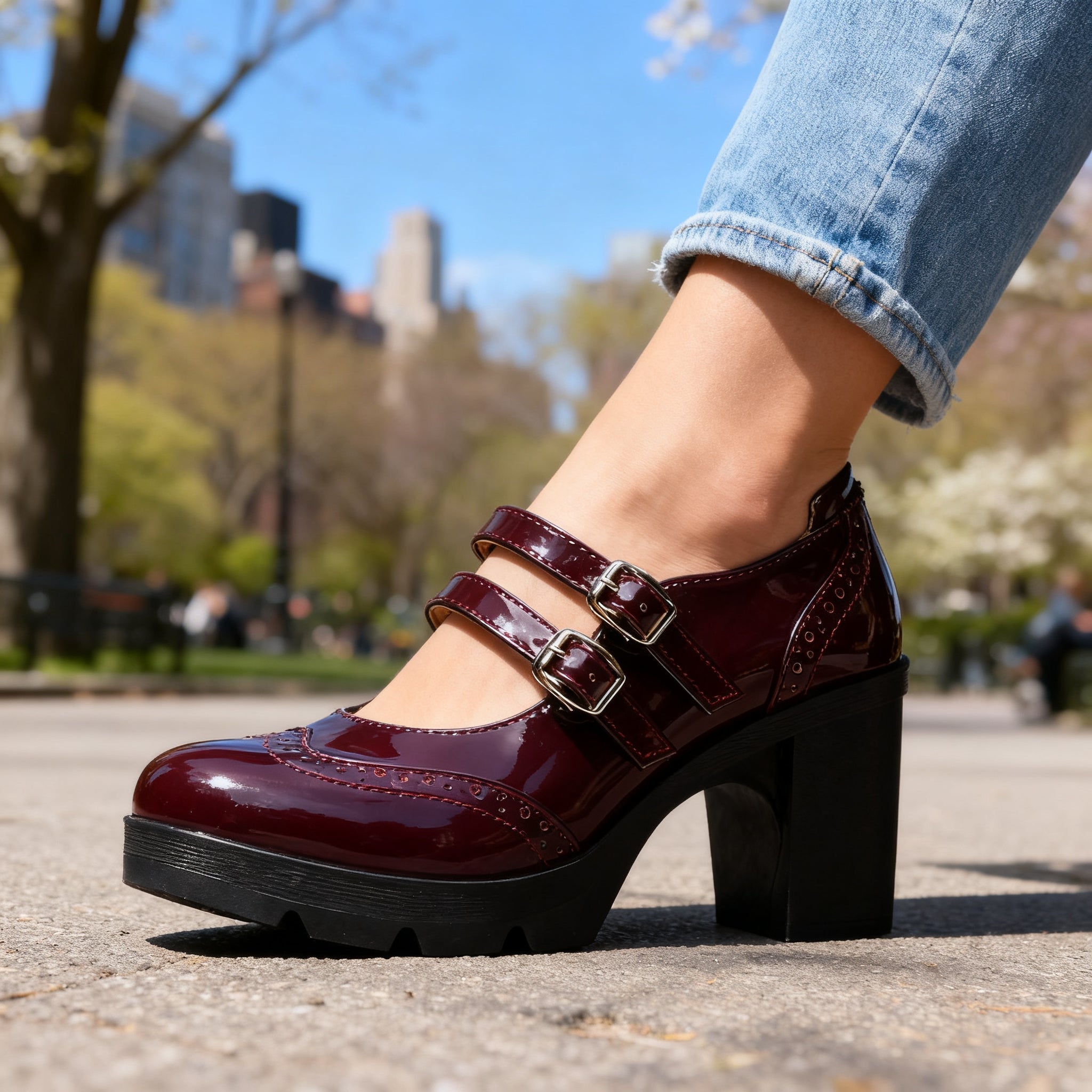 Brexley | Damen Plateau Mary Jane mit doppelten Riemen