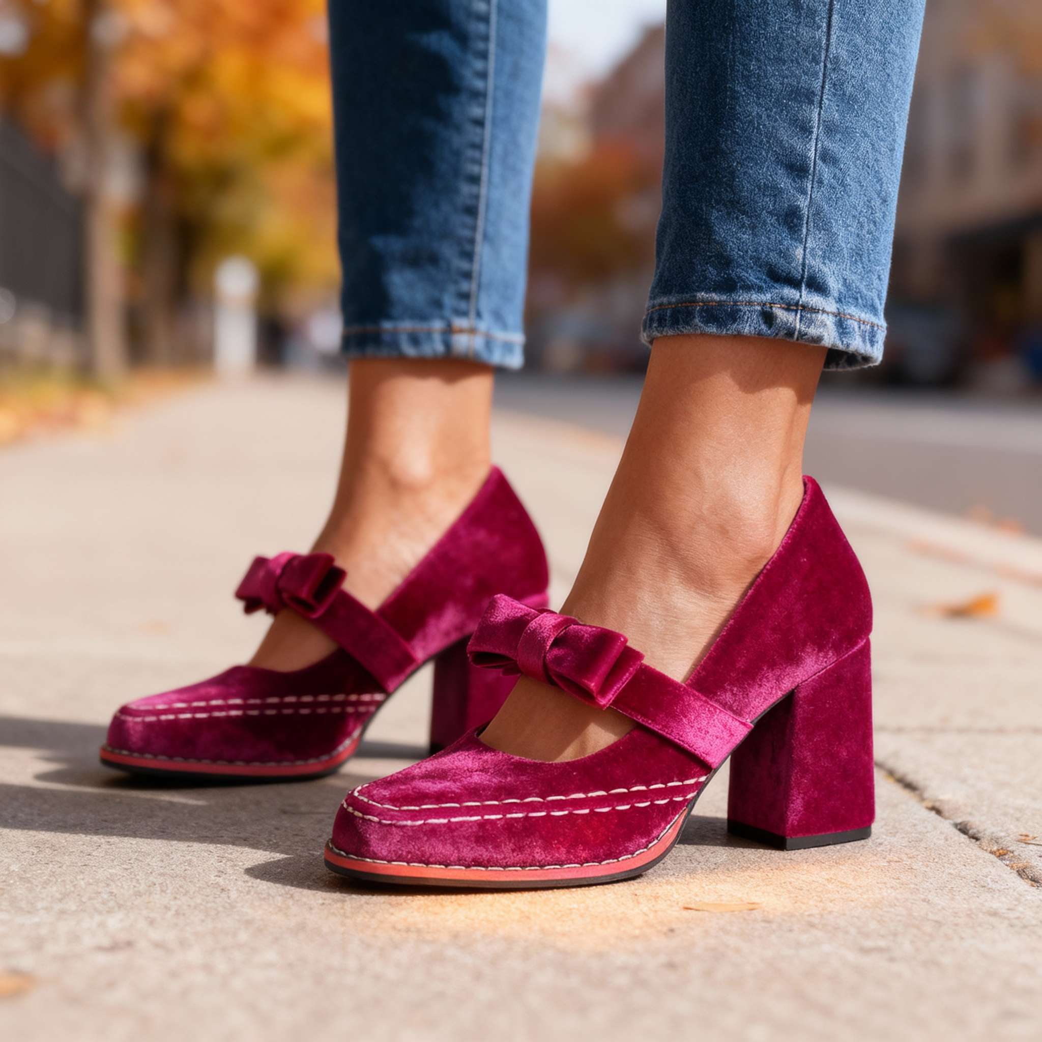 Corinna | Damen Mary Jane Pumps mit Blockabsatz und Schleife