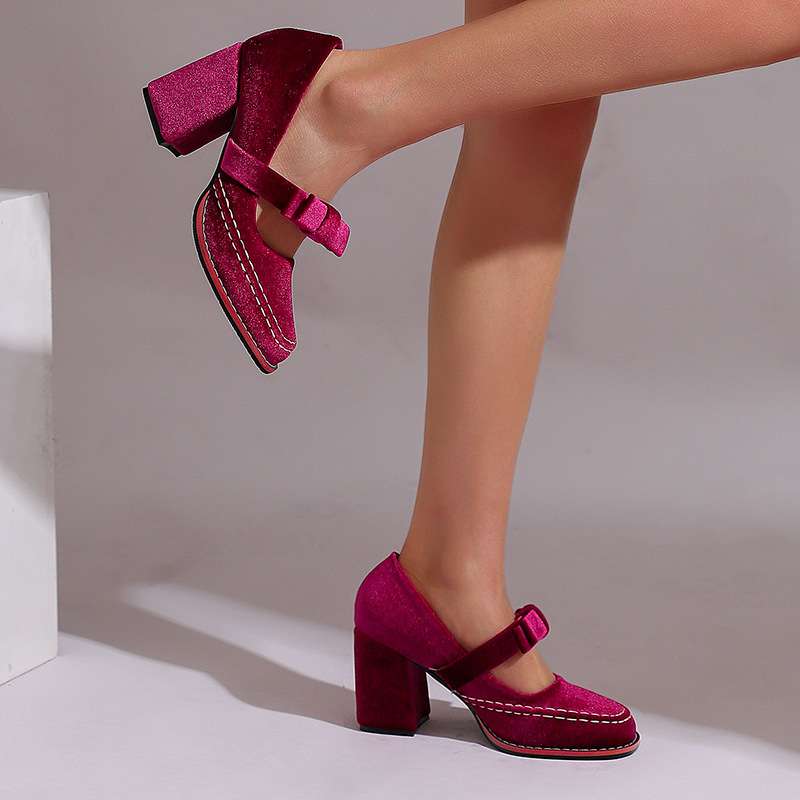 Corinna | Damen Mary Jane Pumps mit Blockabsatz und Schleife