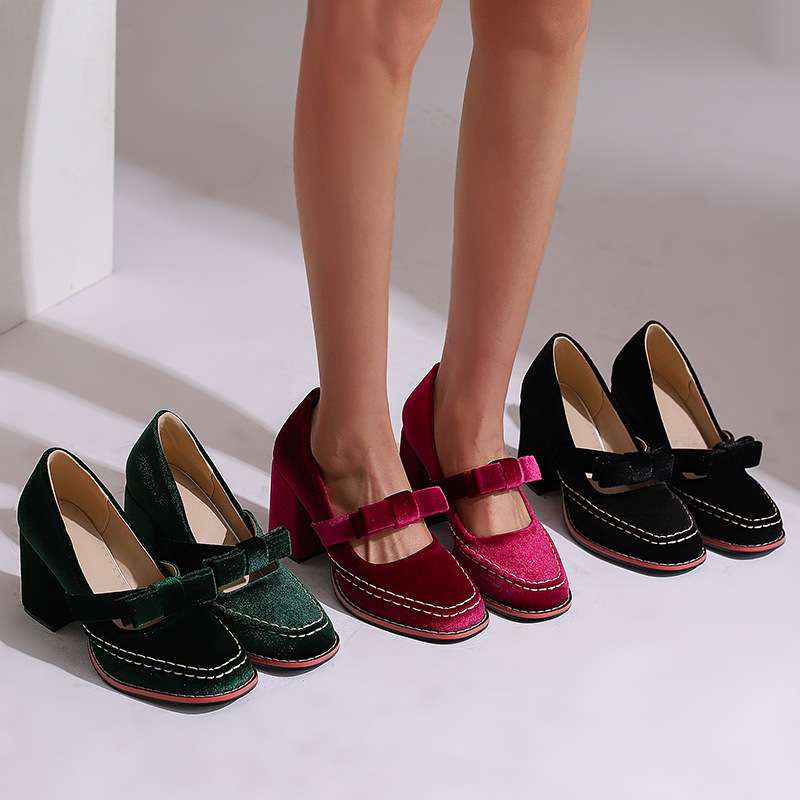 Corinna | Damen Mary Jane Pumps mit Blockabsatz und Schleife