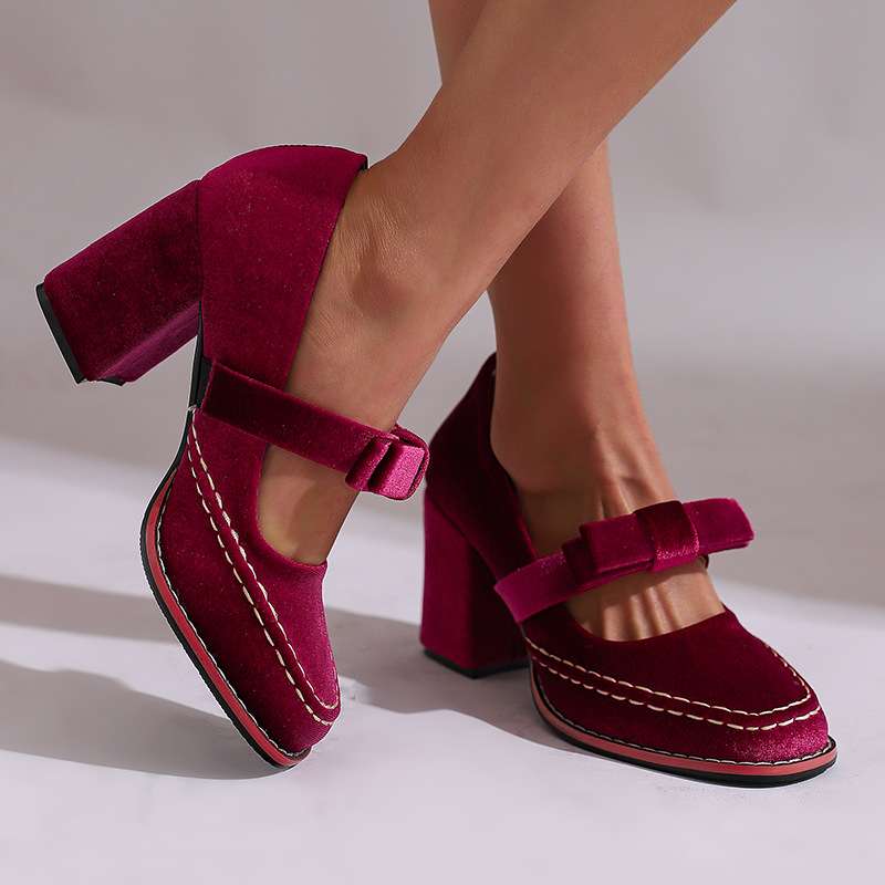 Corinna | Damen Mary Jane Pumps mit Blockabsatz und Schleife