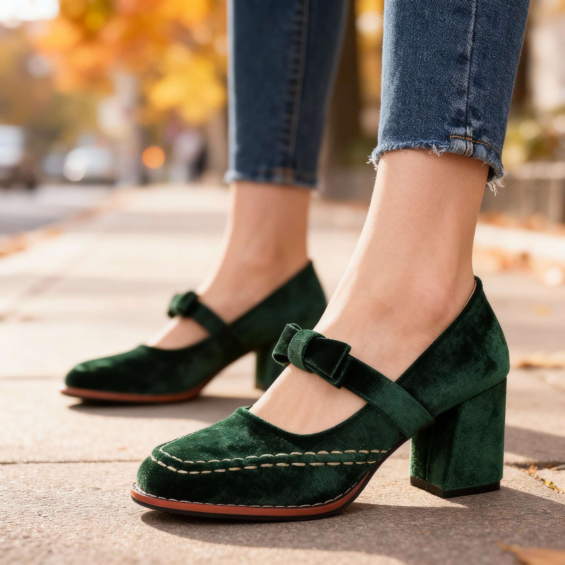 Corinna | Damen Mary Jane Pumps mit Blockabsatz und Schleife