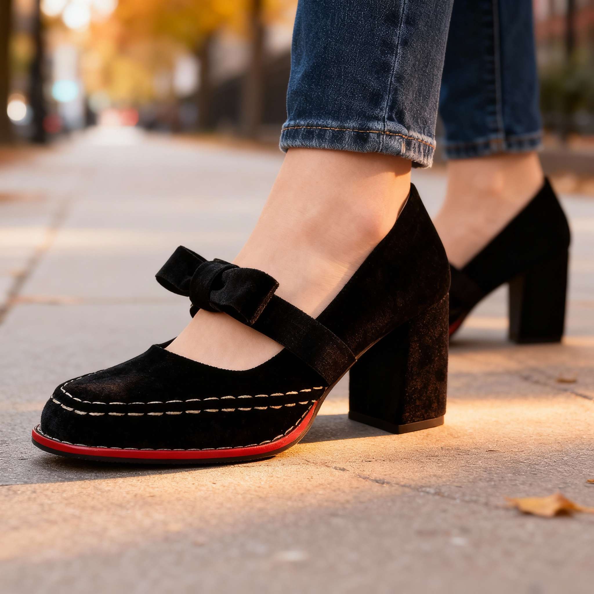 Corinna | Damen Mary Jane Pumps mit Blockabsatz und Schleife