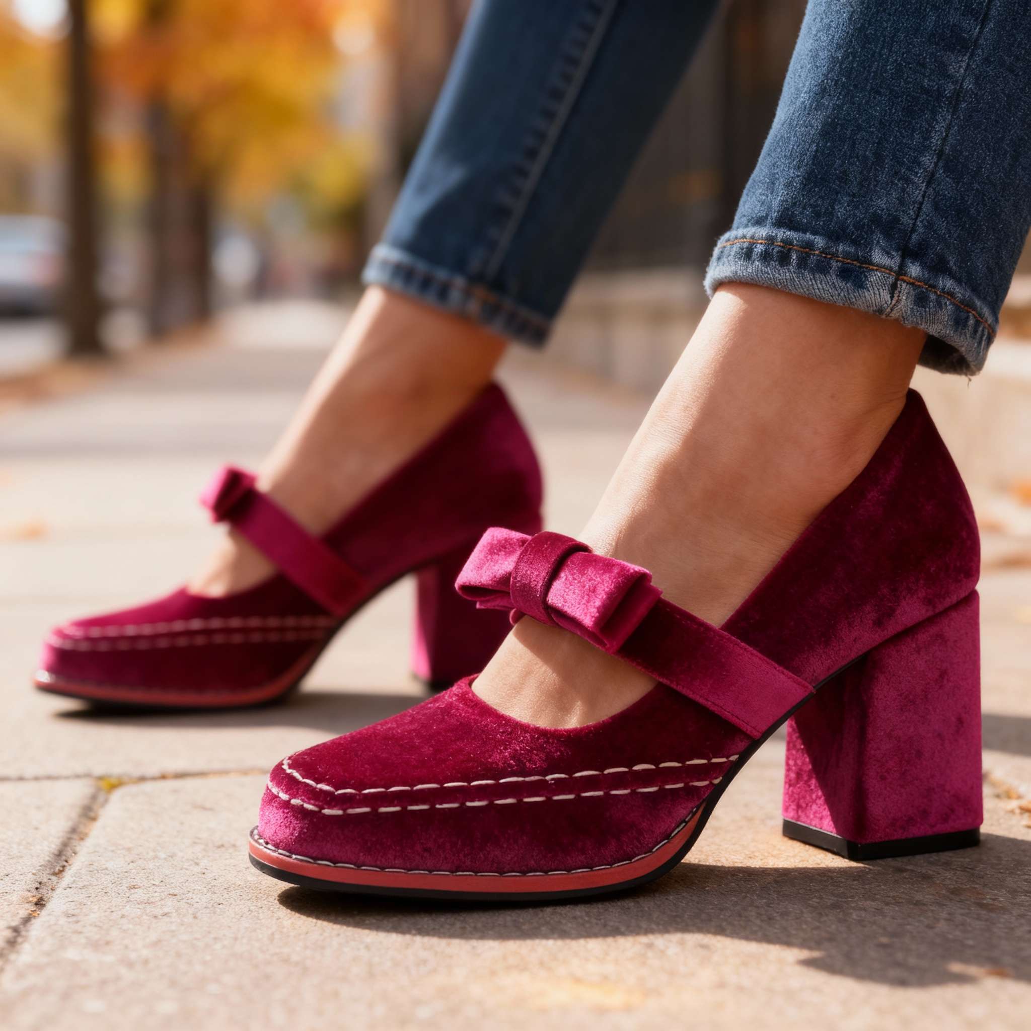 Corinna | Damen Mary Jane Pumps mit Blockabsatz und Schleife