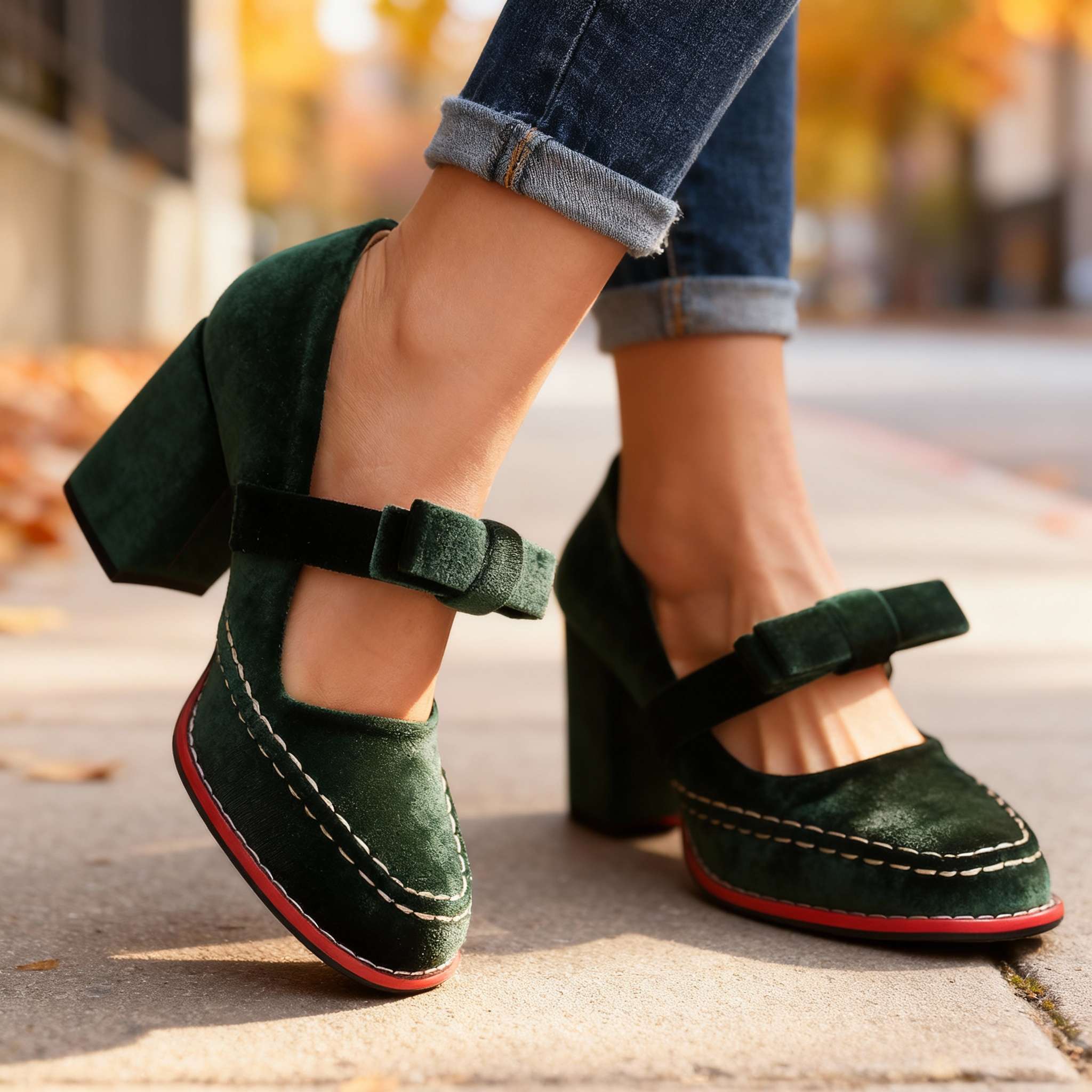 Corinna | Damen Mary Jane Pumps mit Blockabsatz und Schleife