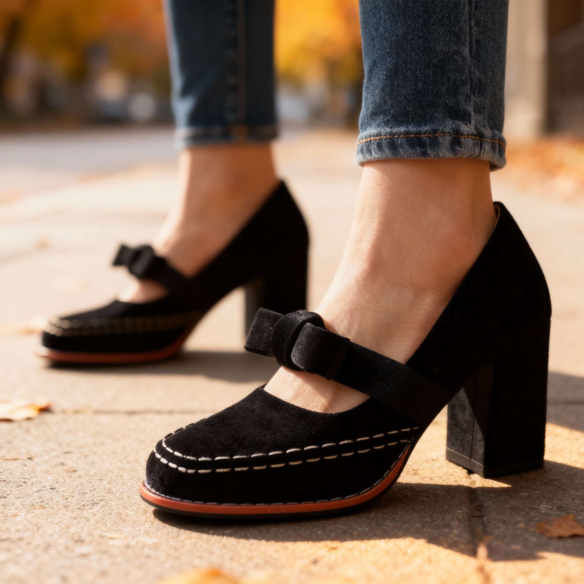 Corinna | Damen Mary Jane Pumps mit Blockabsatz und Schleife