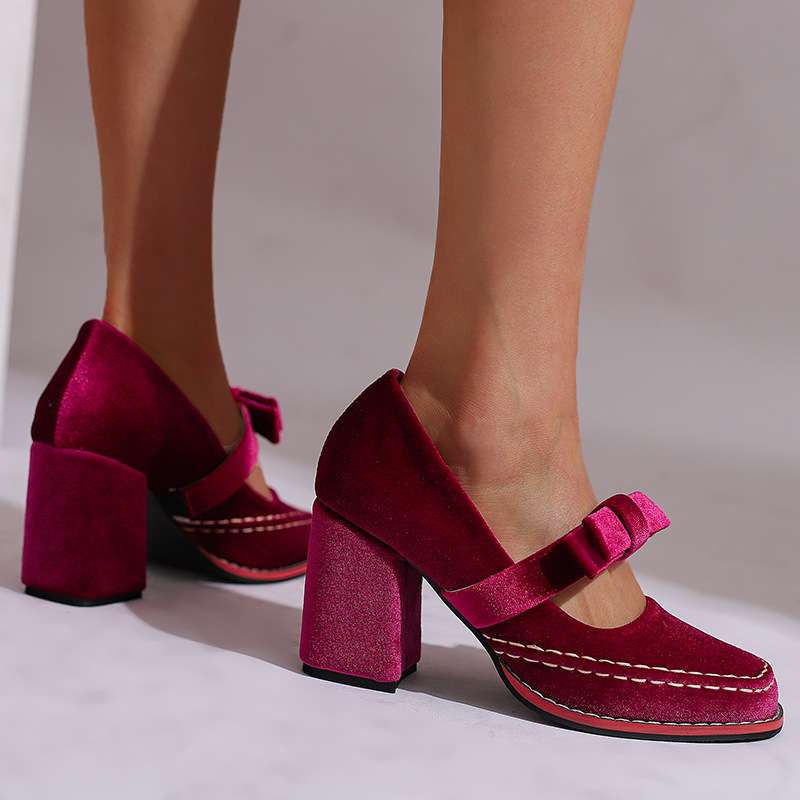 Corinna | Damen Mary Jane Pumps mit Blockabsatz und Schleife