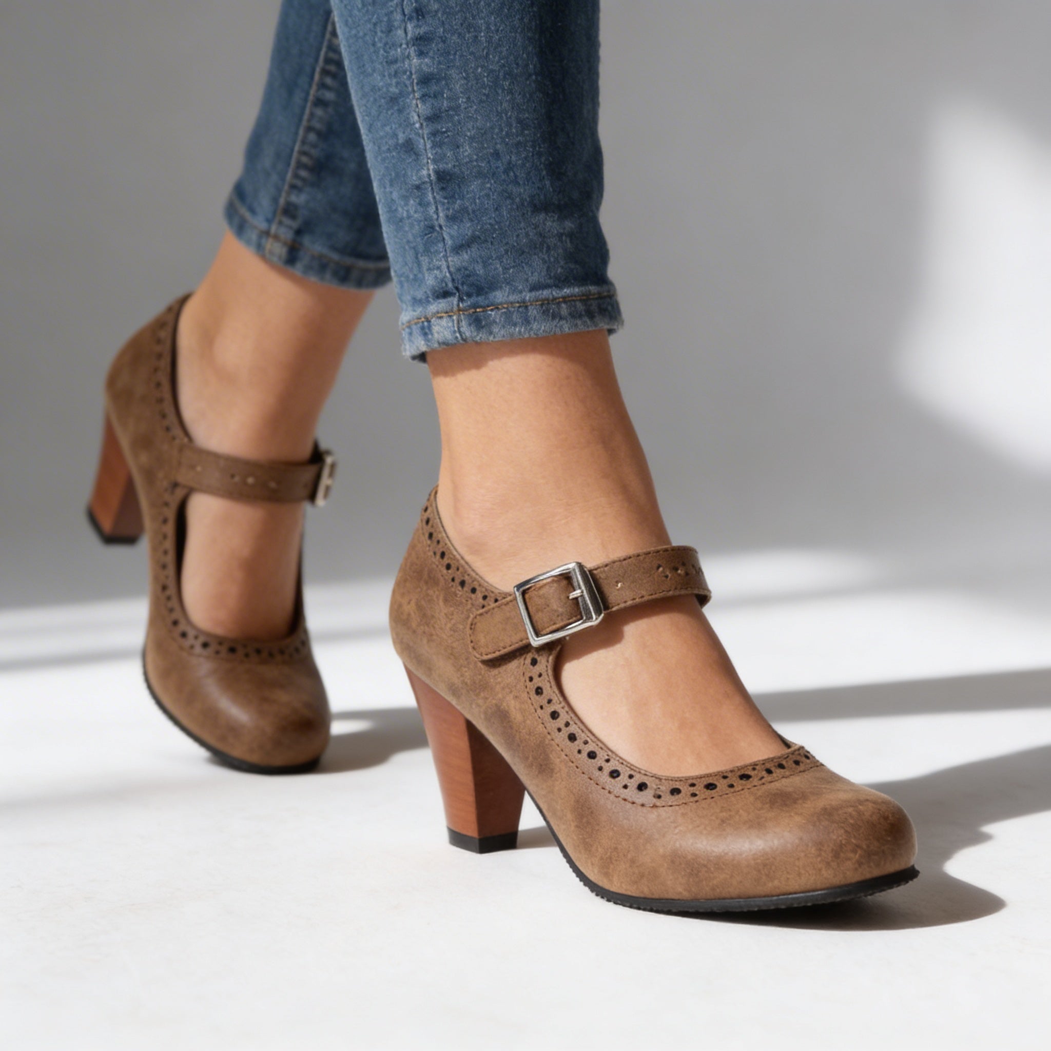 Corvin | Damen Mary Jane Pumps mit Blockabsatz und Brogue-Muster