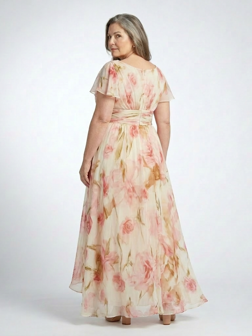 Elara | V-Ausschnitt, kurze Ärmel, geblümtes Maxikleid