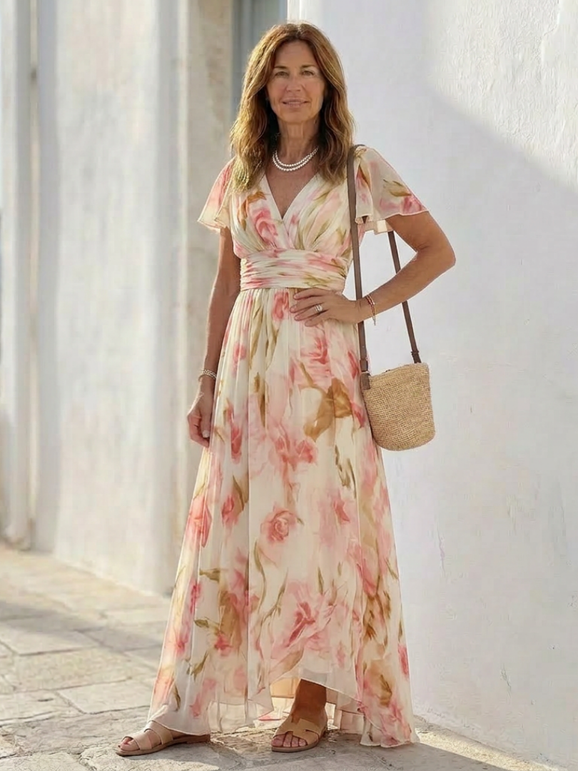 Elara | V-Ausschnitt, kurze Ärmel, geblümtes Maxikleid