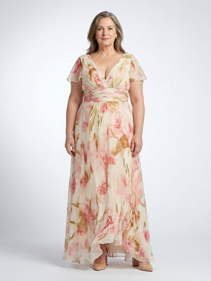 Elara | V-Ausschnitt, kurze Ärmel, geblümtes Maxikleid