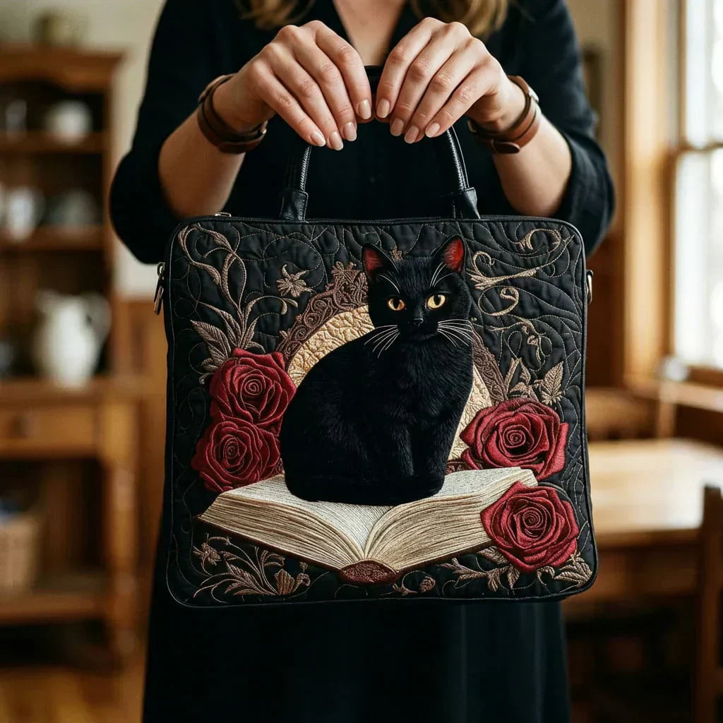 Gesteppte Künstlertasche – Schwarze Katze auf Büchern