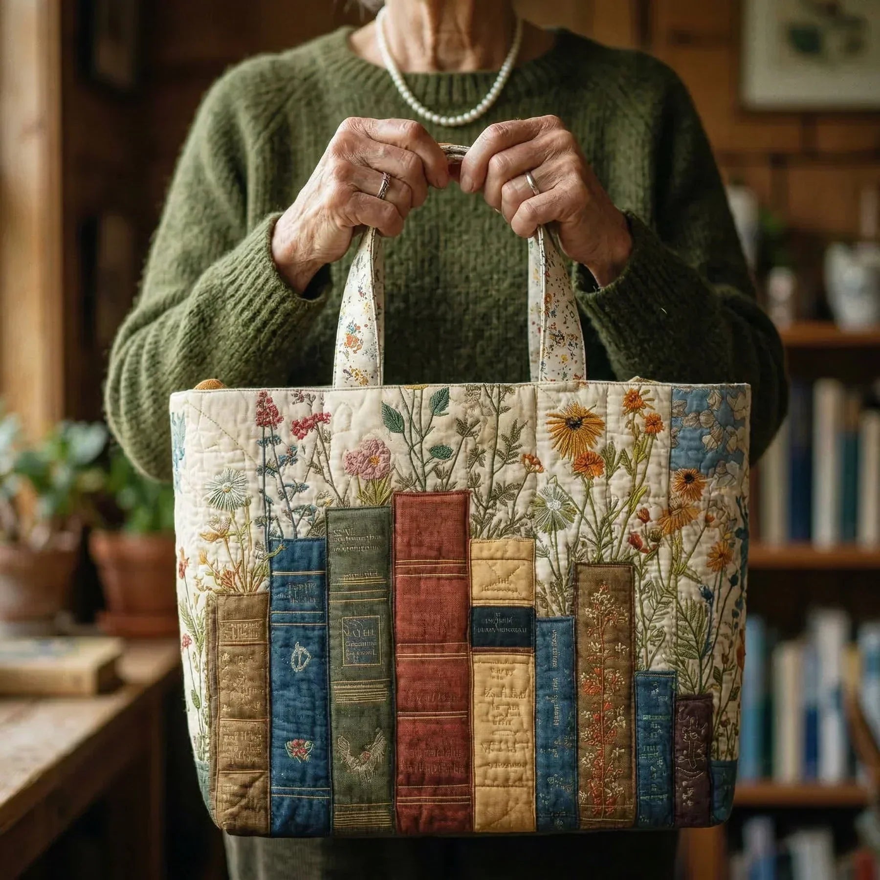 Handgefertigte Stepptasche - Bücher und Blumen