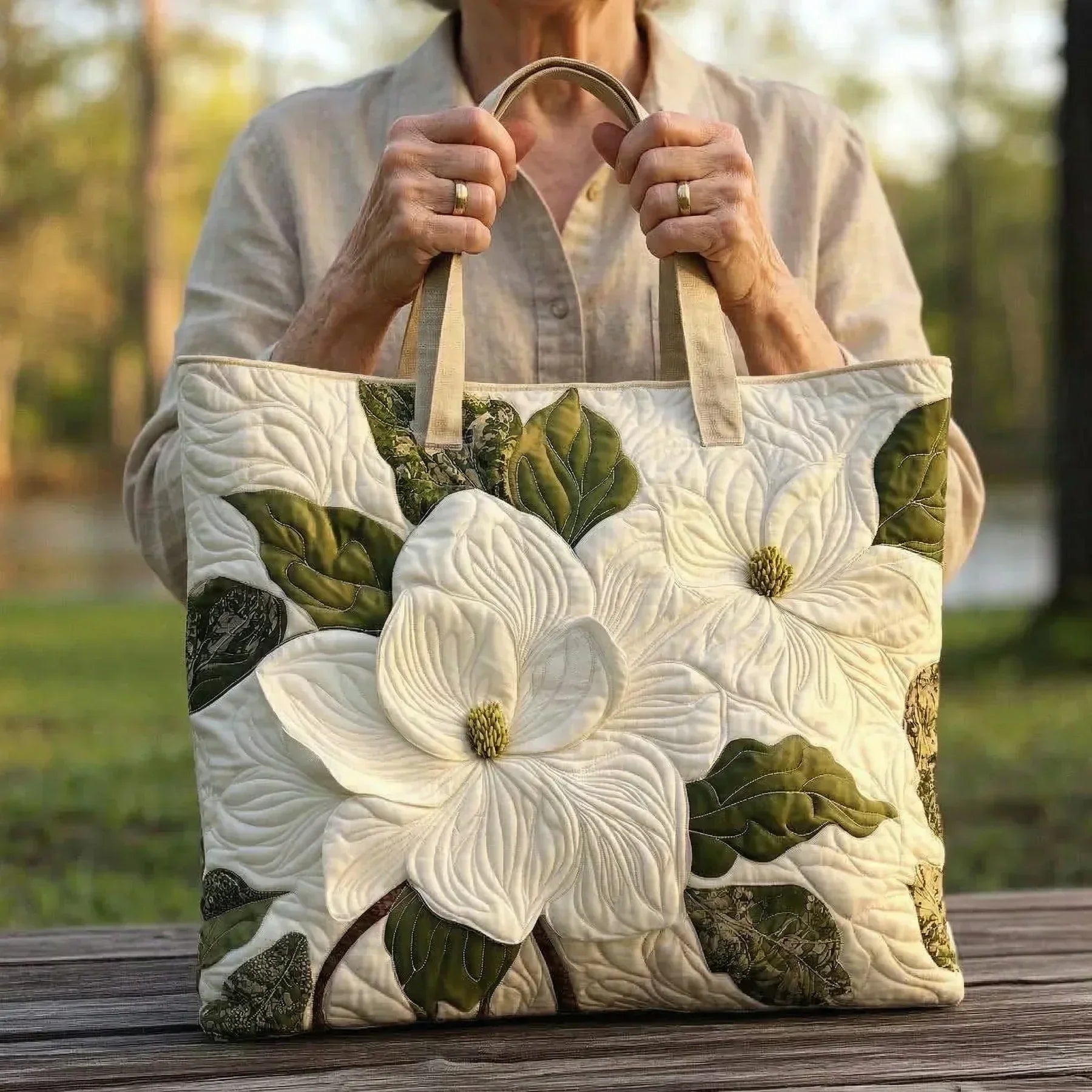 Gesteppte Künstlertasche – Elegante weiße Lilien