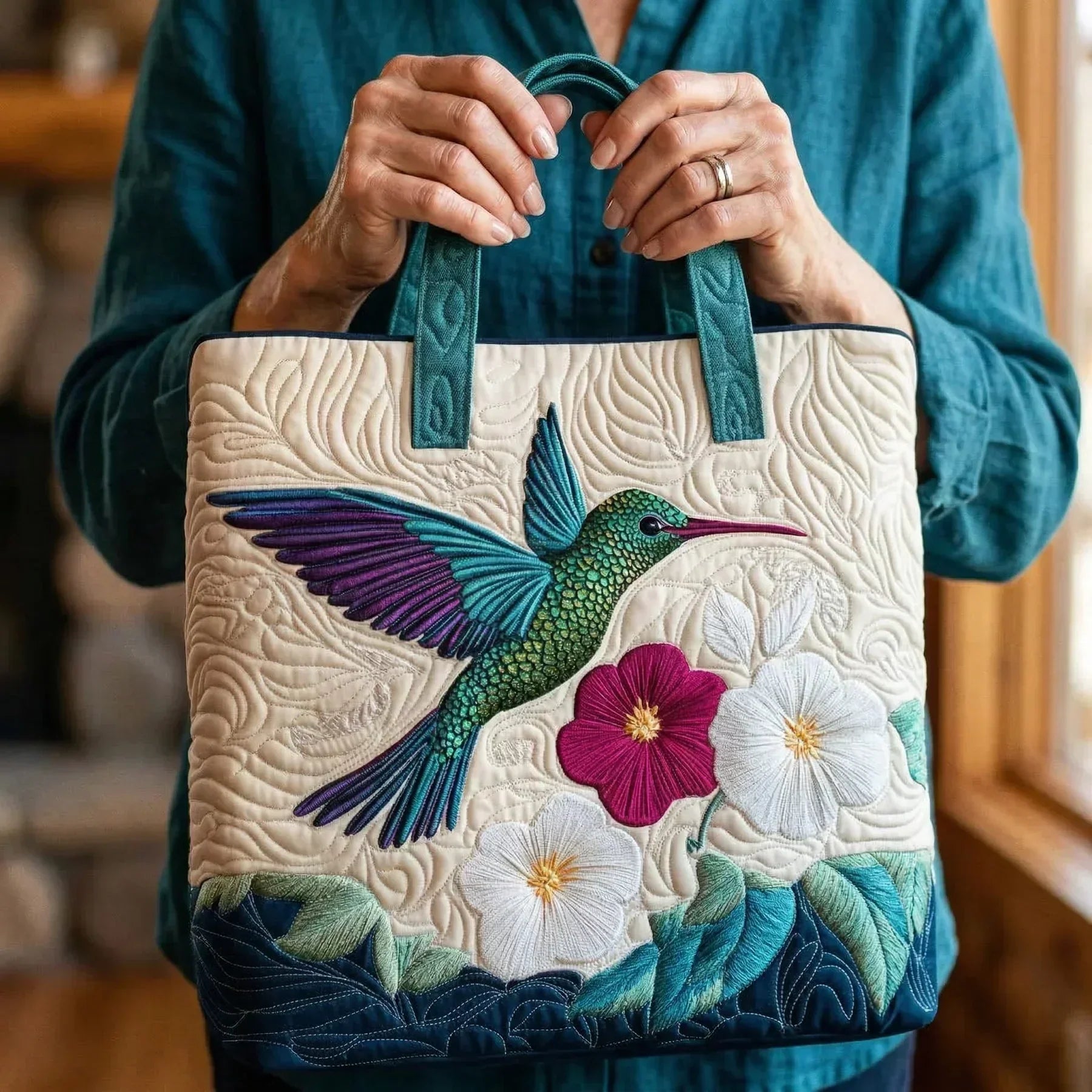 Gesteppte Tasche – Kolibri und weiße Blume
