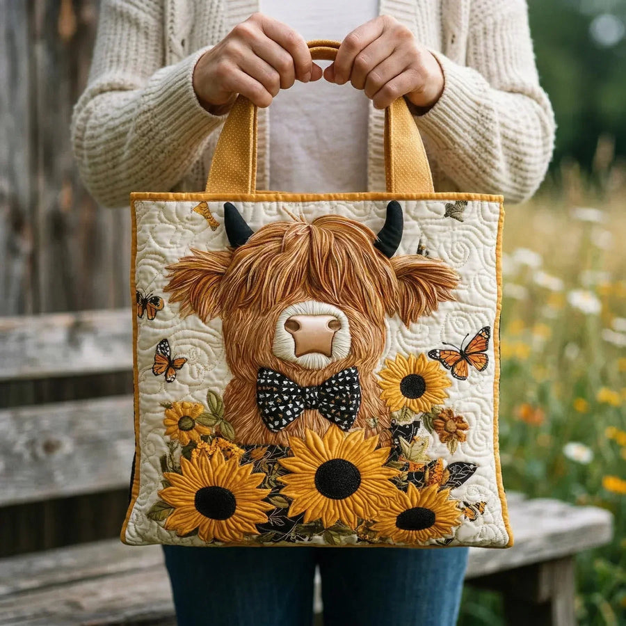 Gesteppte Tasche - Schottisches Hochlandrind mit Sonnenblumen