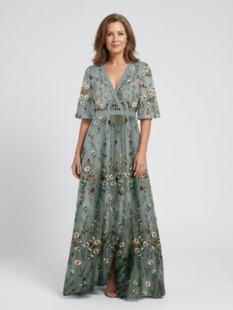Auriane | Florales V-Ausschnitt Maxikleid mit kurzen Ärmeln