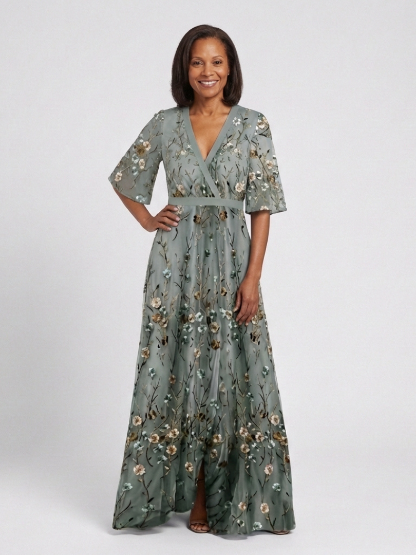 Auriane | Florales V-Ausschnitt Maxikleid mit kurzen Ärmeln