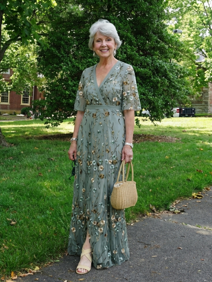 Auriane | Florales V-Ausschnitt Maxikleid mit kurzen Ärmeln