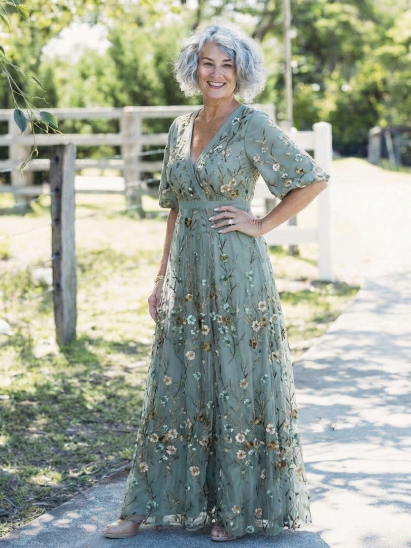 Auriane | Florales V-Ausschnitt Maxikleid mit kurzen Ärmeln