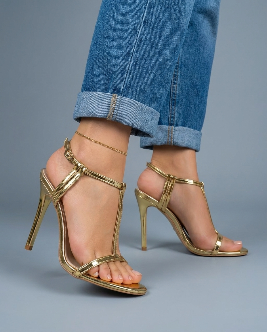 Vivienne | Goldene Metallic T-Riemen Stilettos