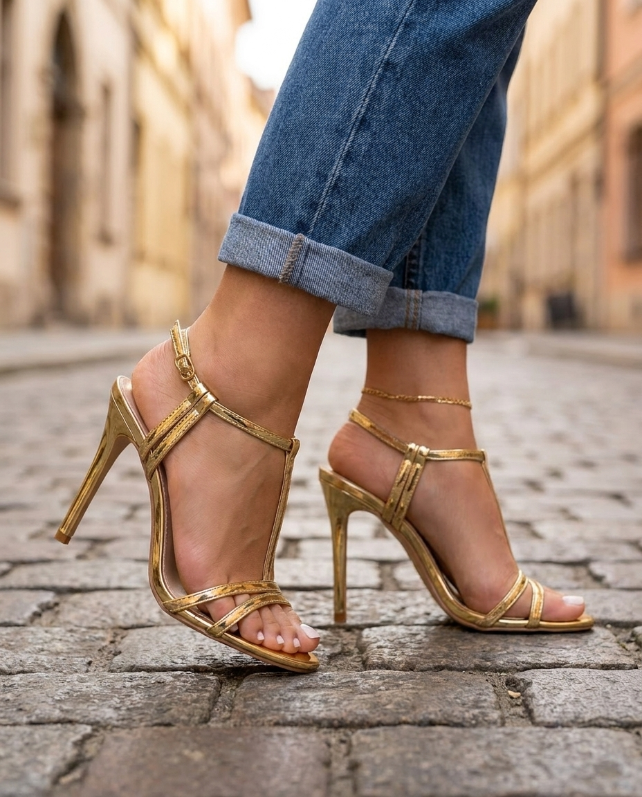 Vivienne | Goldene Metallic T-Riemen Stilettos