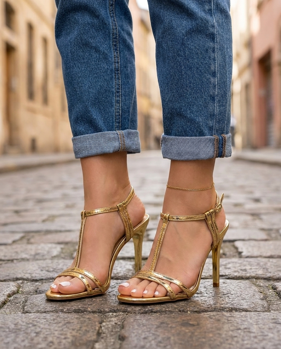 Vivienne | Goldene Metallic T-Riemen Stilettos