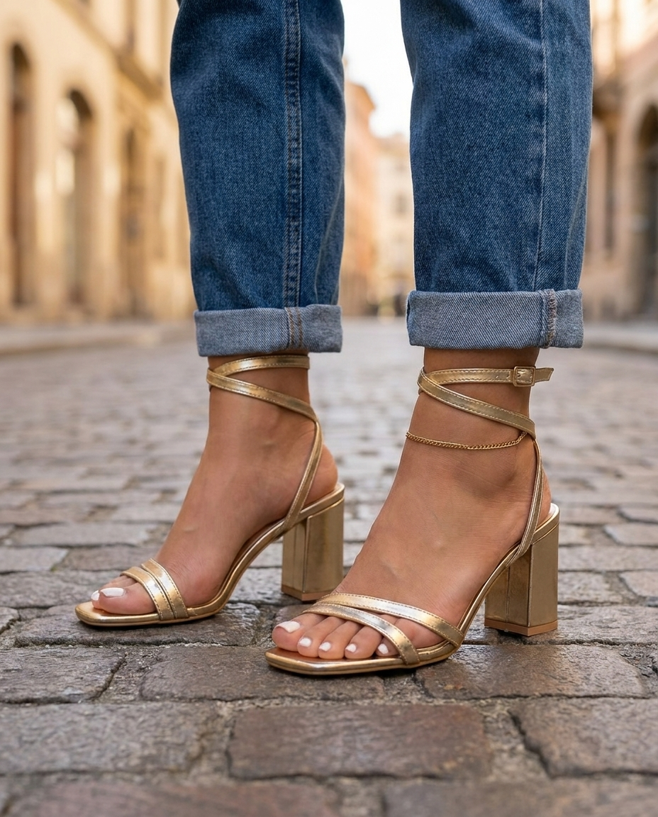 Sofia | Goldmetallic-Sandaletten mit Blockabsatz