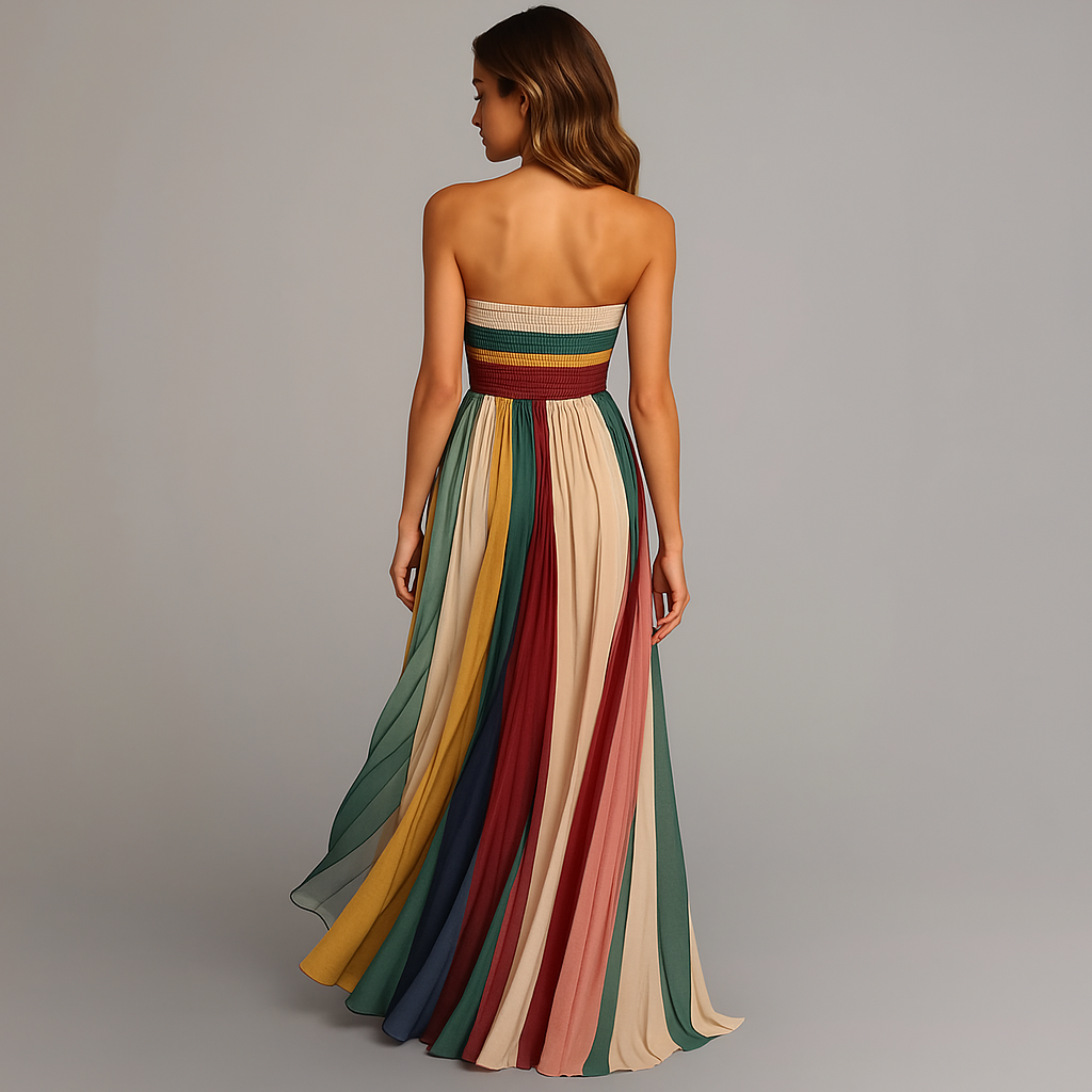 Judith™ | Damen trägerloses, farbenfrohes, plissiertes Sommer Maxikleid Trägerlos