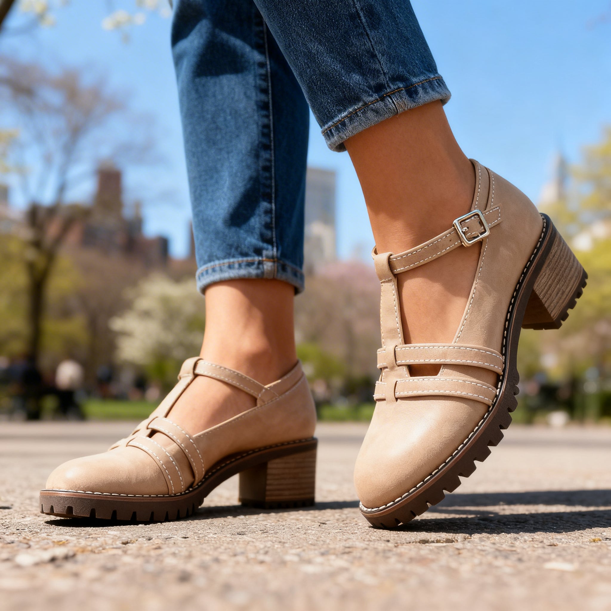 Romilly | Damen T-Riemen Loafer mit Blockabsatz